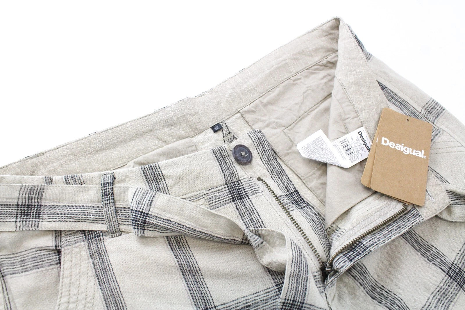 DESIGUAL Marc Men Shorts W34 Light Brown Linen Cotton Check Patterned Cargo