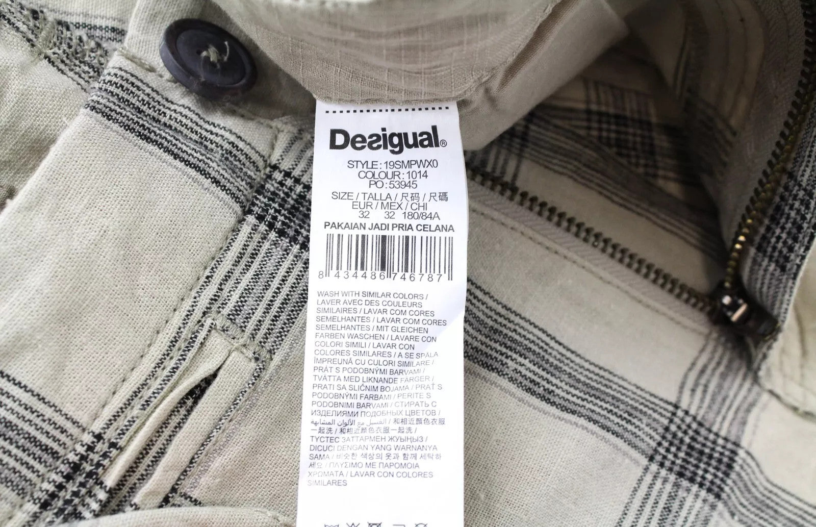 DESIGUAL Marc Men Shorts W34 Light Brown Linen Cotton Check Patterned Cargo