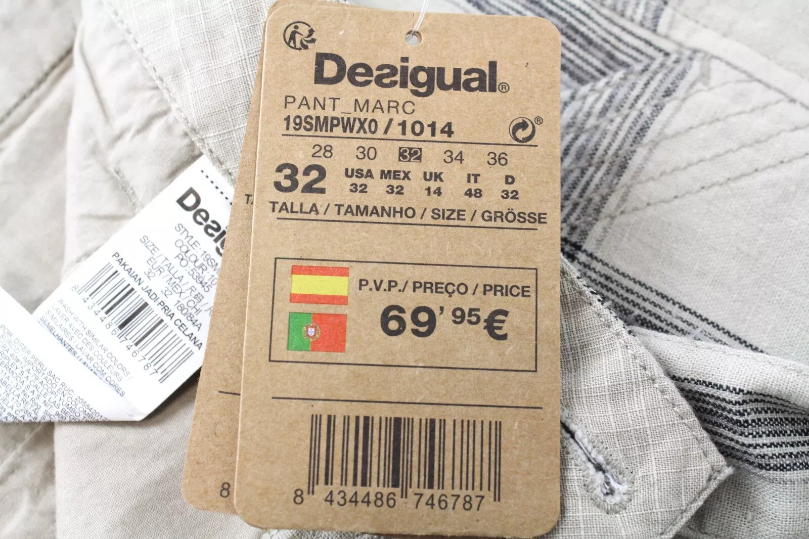 DESIGUAL Marc Men Shorts W34 Light Brown Linen Cotton Check Patterned Cargo