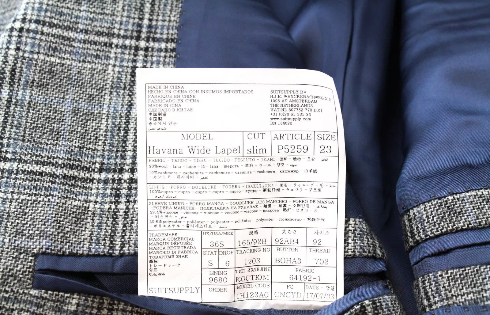 SUITSUPPLY Havana Wide Lapel Men Suit UK36S Wool Cashmere Checked Slim 2 Piece