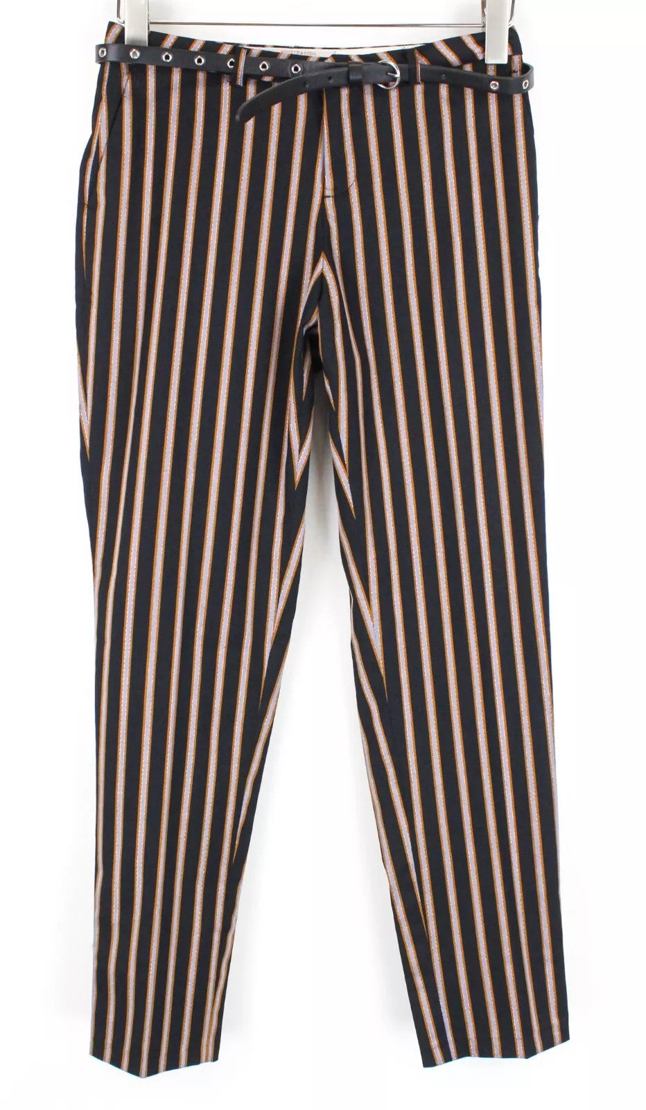 MAISON SCOTCH Women Trousers XS Navy Striped Pleated Belted Stretch Casual