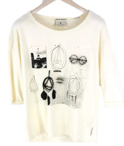 MAISON SCOTCH Women T-Shirt S Beige Pure Cotton 3/4 Sleeved Logo Casual Pull On
