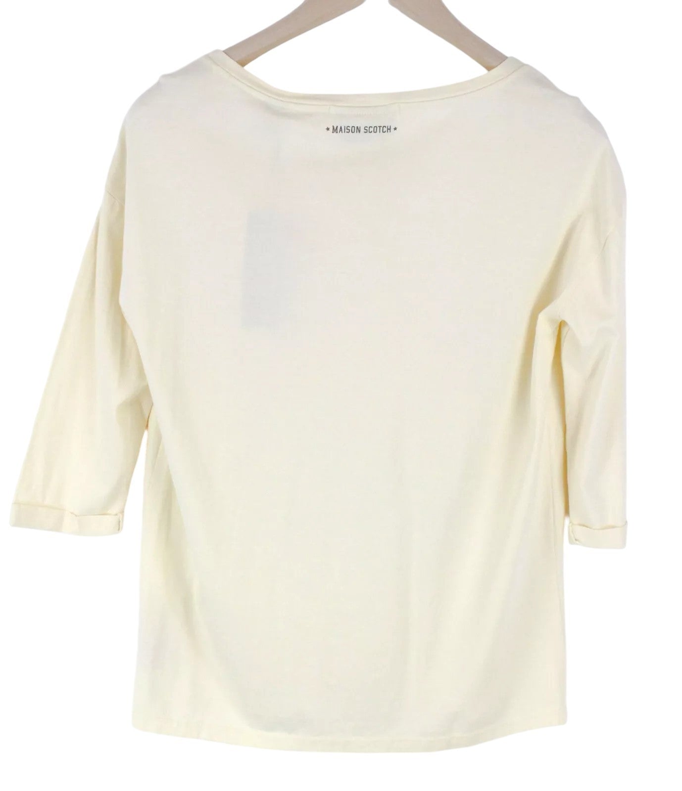 MAISON SCOTCH Women T-Shirt S Beige Pure Cotton 3/4 Sleeved Logo Casual Pull On