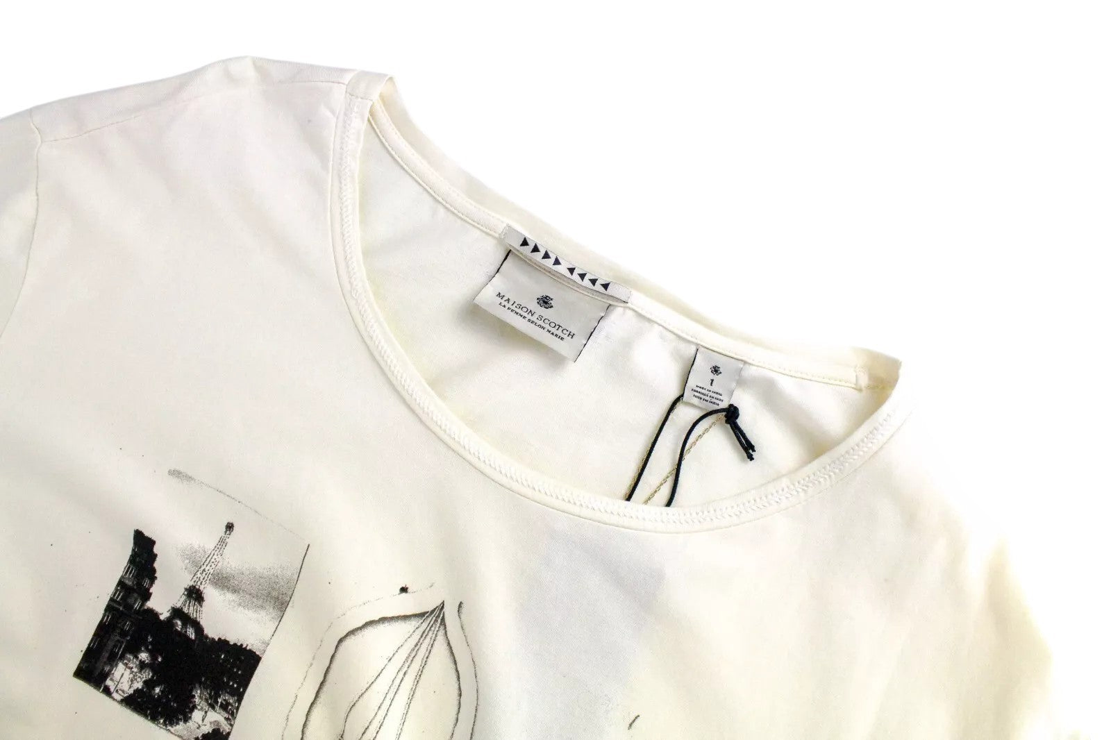 MAISON SCOTCH Women T-Shirt S Beige Pure Cotton 3/4 Sleeved Logo Casual Pull On