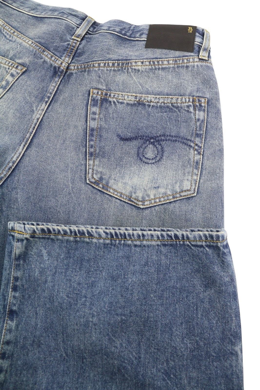 R13 Damon Pleated Women Jeans 30 Blue Kellen Straight Whiskers Faded PS26