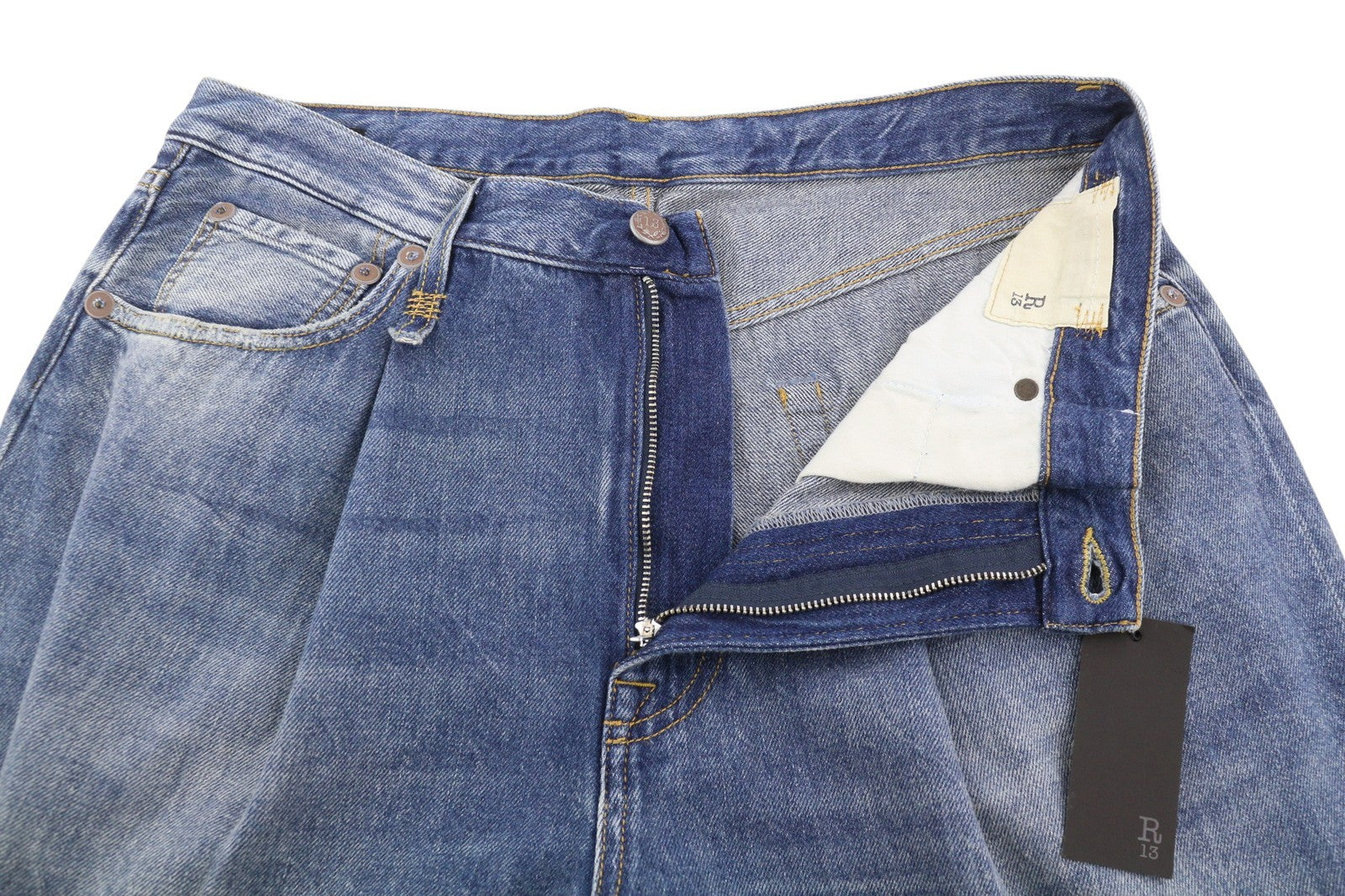 R13 Damon Pleated Women Jeans 33 Blue Kellen Straight Whiskers Faded PS26