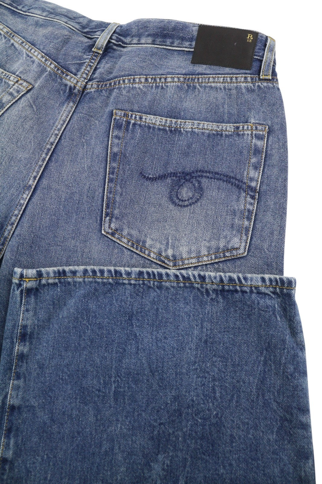 R13 Damon Pleated Women Jeans 33 Blue Kellen Straight Whiskers Faded PS26