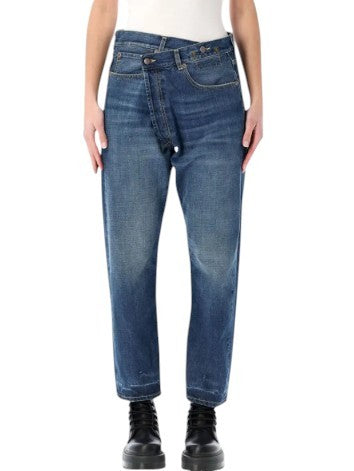 R13 Cross Over Women Jeans 27 Blue Oasis Faded Distress Asym PS26 RRP946