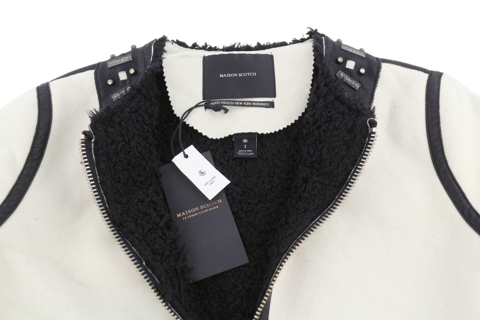 MAISON SCOTCH Women Jacket S White Faux Suede Leather Beads Fluffy Lined RRP269