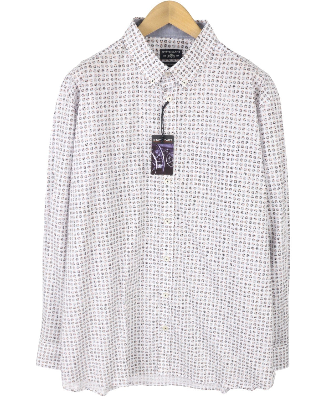 STATE OF ART Regular Fit Men Shirt 3XL White Patterned Button-Down Neck Casual