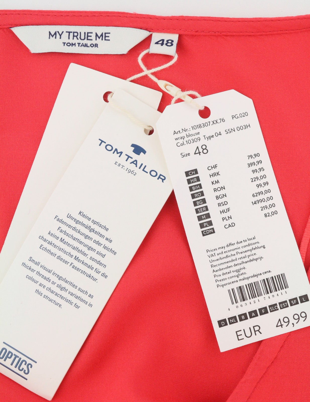 TOM TAILOR My True Me Women Blouse EU48 2XL Red Wrap V-Neck 3/4 Sleeves