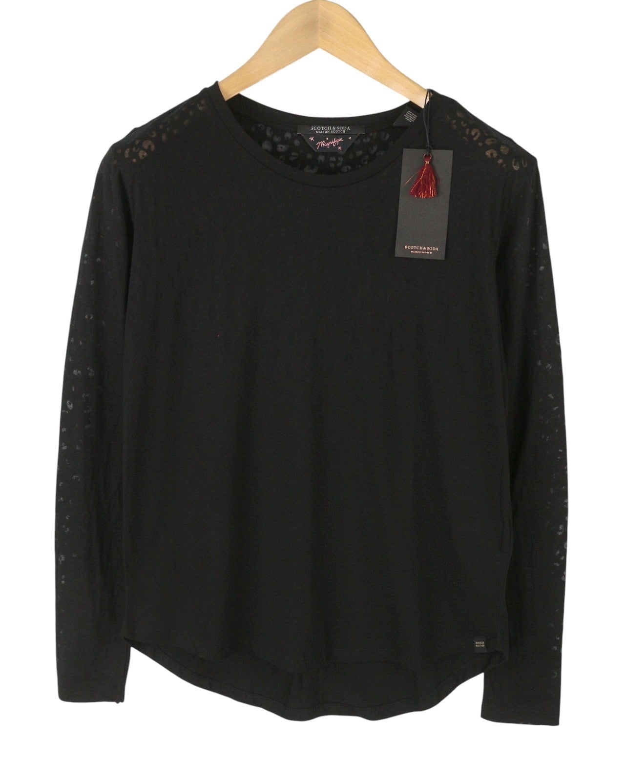 MAISON SCOTCH Women Blouse S Black Sheer Leopard Print Crew Neck Long Sleeved