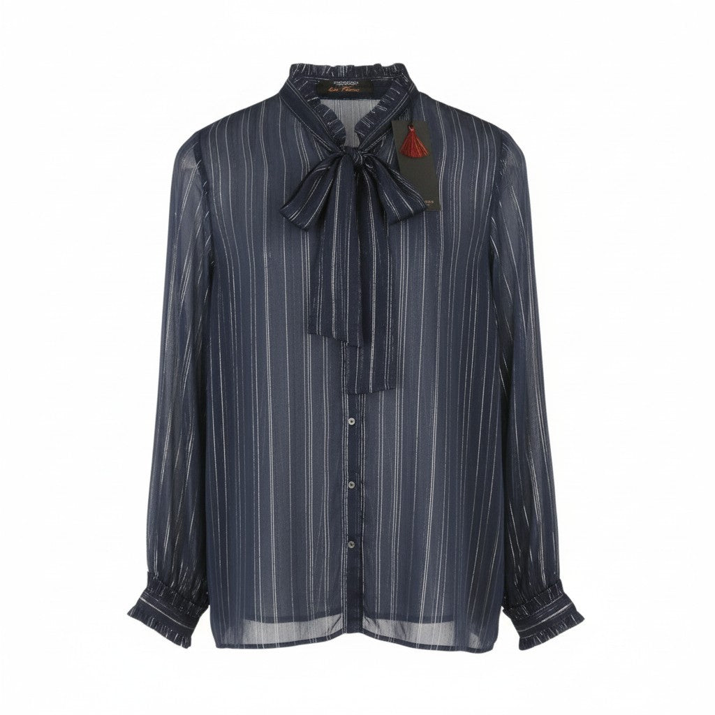 MAISON SCOTCH Women Blouse M Blue Shiny Glitter Pinstriped Transparent Button-Up