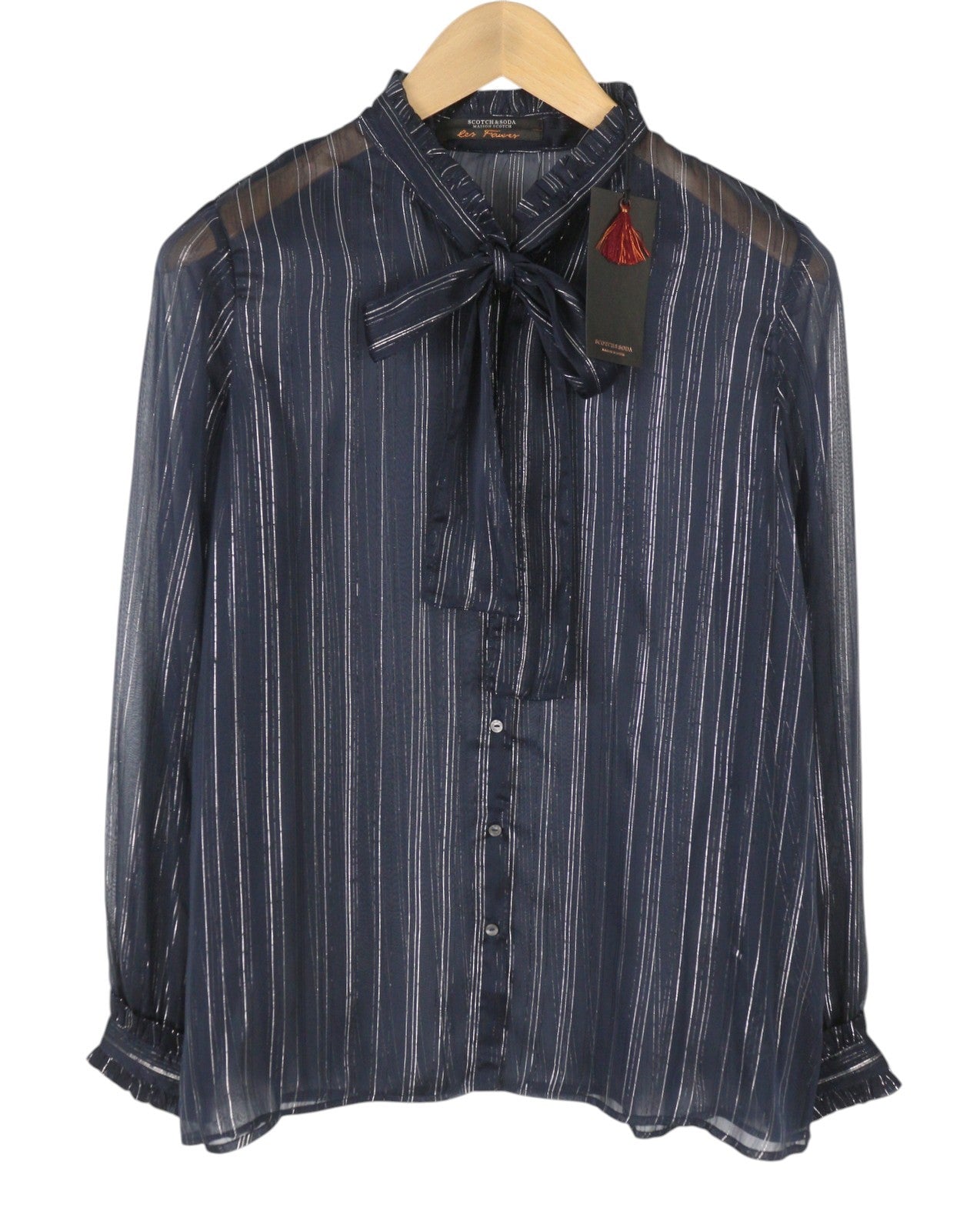 MAISON SCOTCH Women Blouse S Blue Shiny Glitter Pinstriped Transparent Button-Up