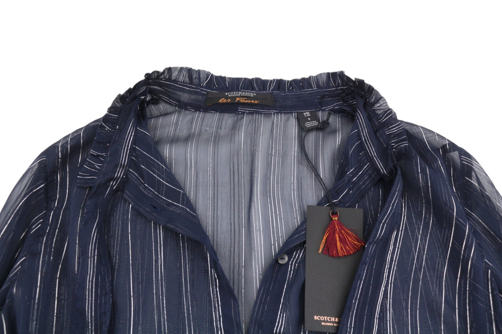 MAISON SCOTCH Women Blouse S Blue Shiny Glitter Pinstriped Transparent Button-Up