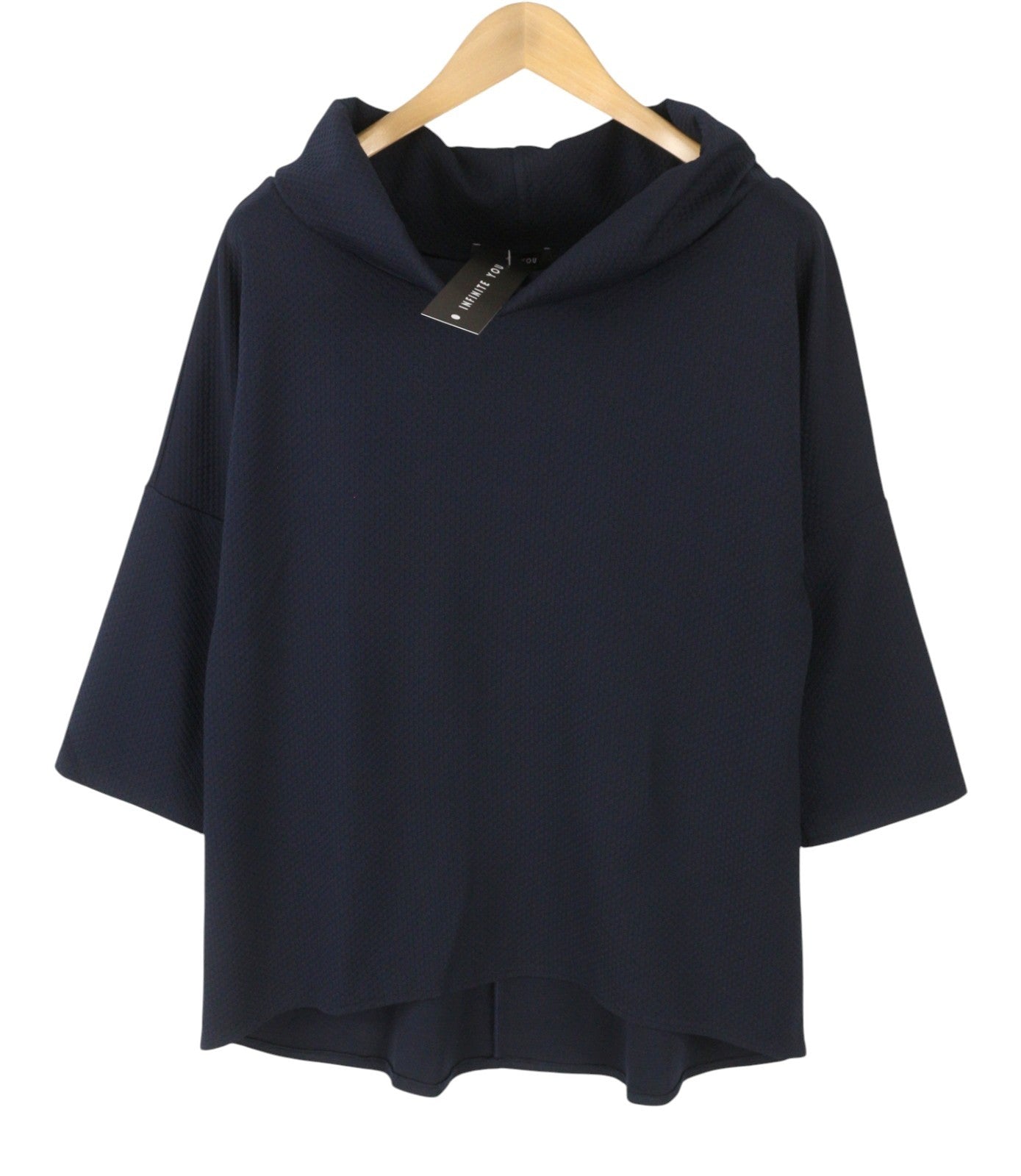 INFINITE YOU Women Blouse L/XL Dark Blue Textured High Loose Neck 3/4 Sleeves