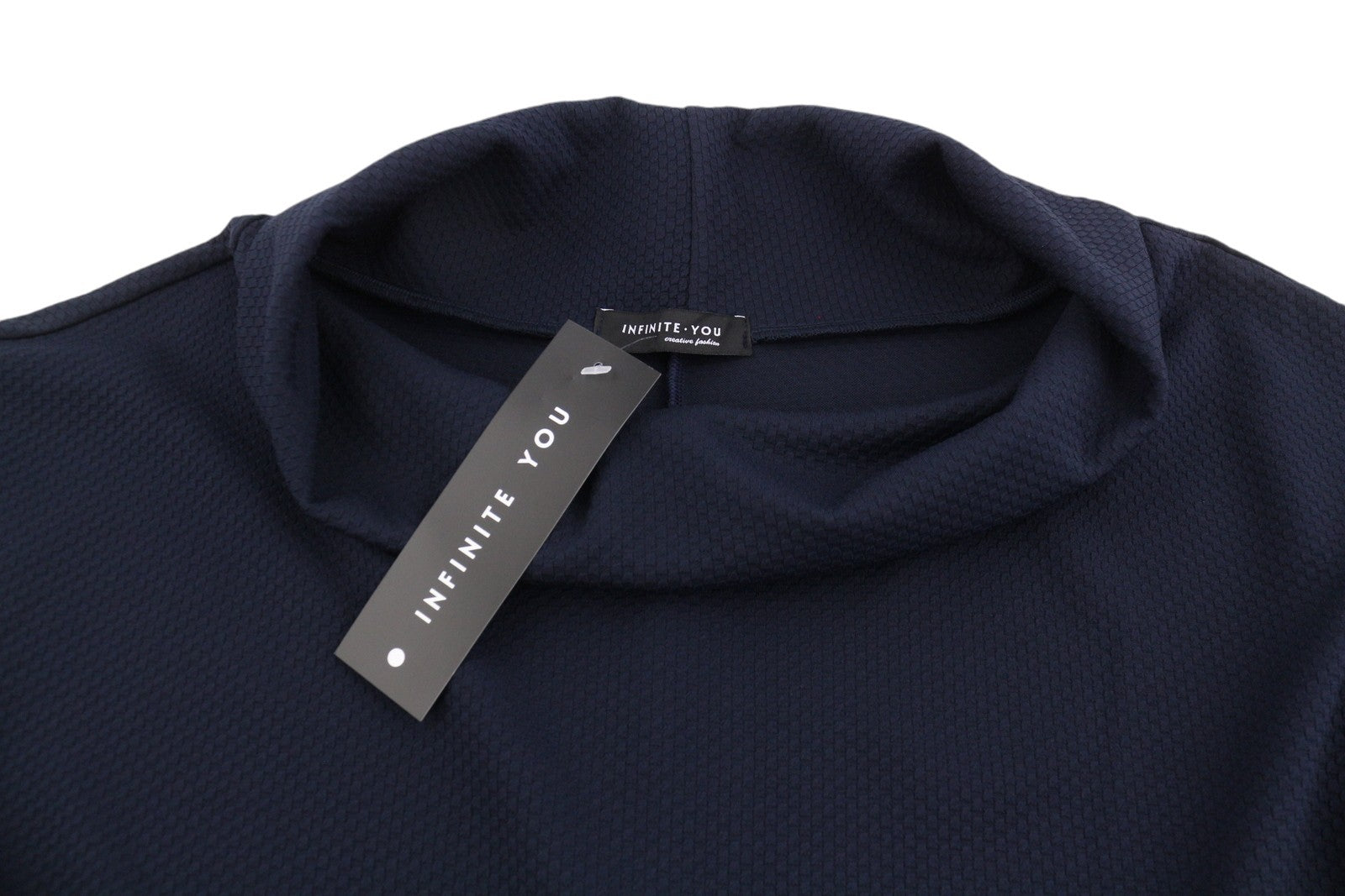 INFINITE YOU Women Blouse L/XL Dark Blue Textured High Loose Neck 3/4 Sleeves