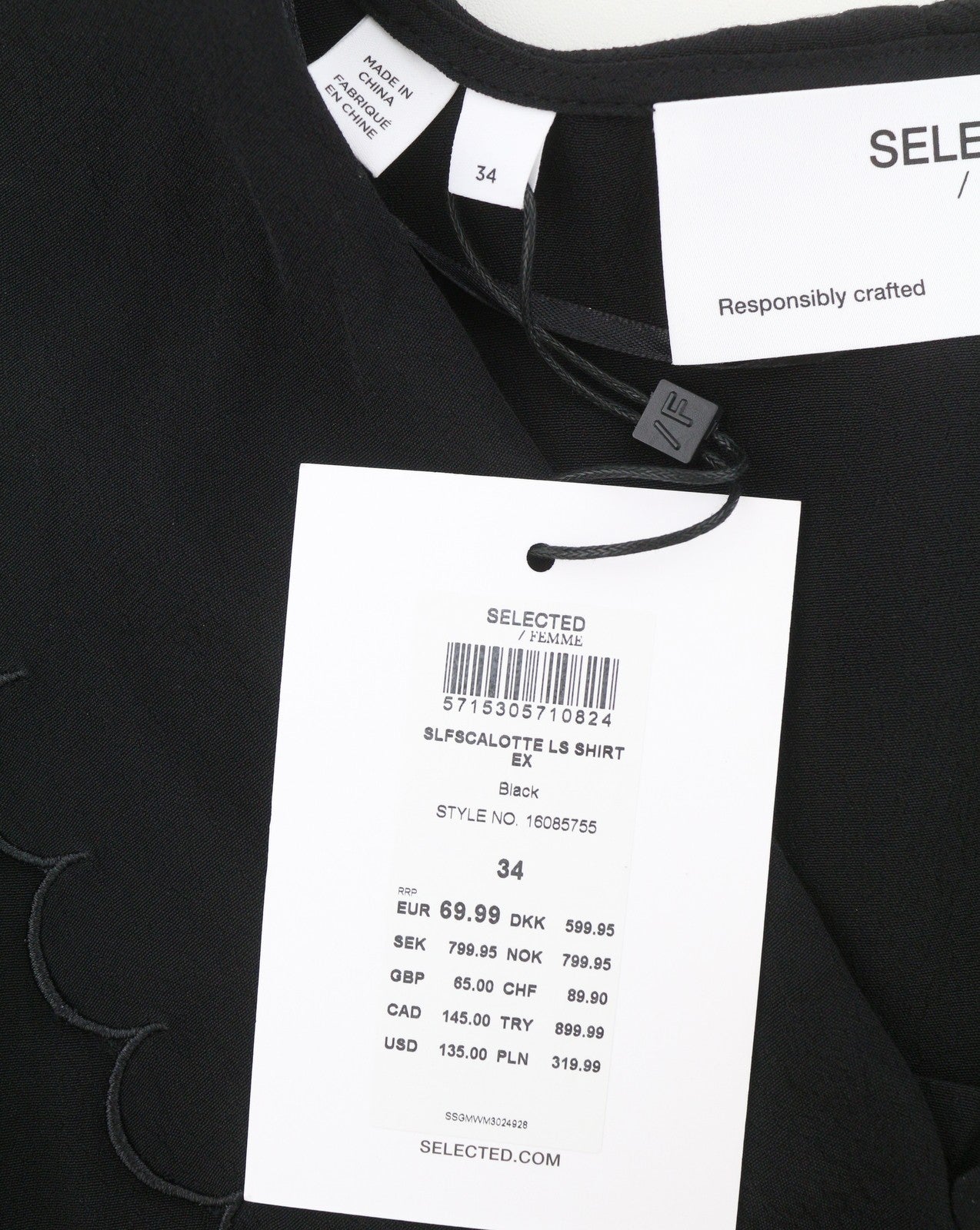 SELECTED Scalotte LS Women Blouse EU34 XS Black Button Up Long Sleeved