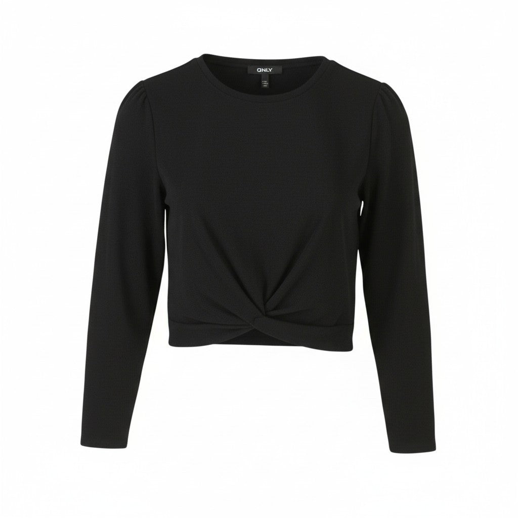 ONLY Queeny L/S Cropped Twist Women Blouse S Black Shiny Glitter Crew Neck