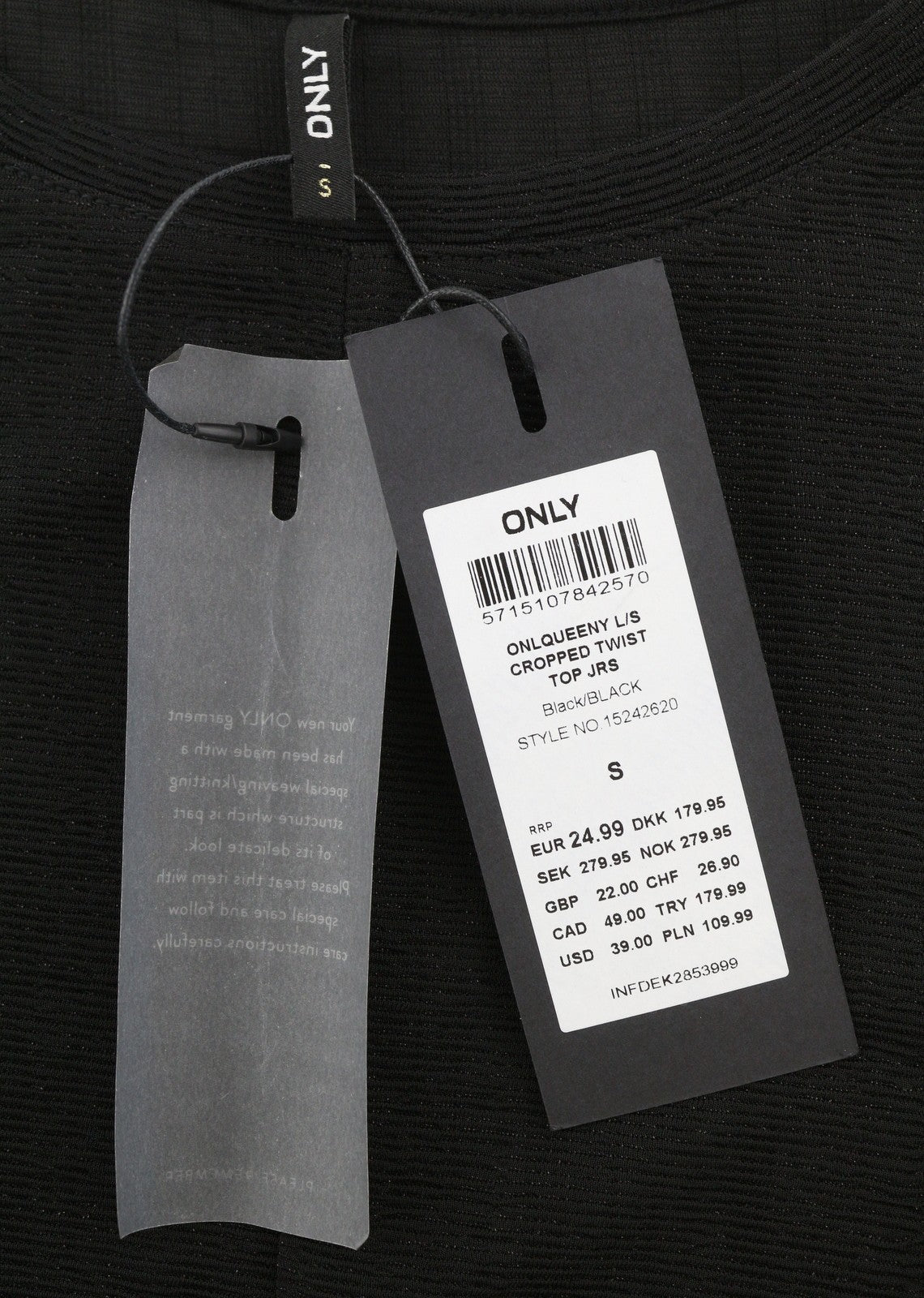 ONLY Queeny L/S Cropped Twist Women Blouse S Black Shiny Glitter Crew Neck