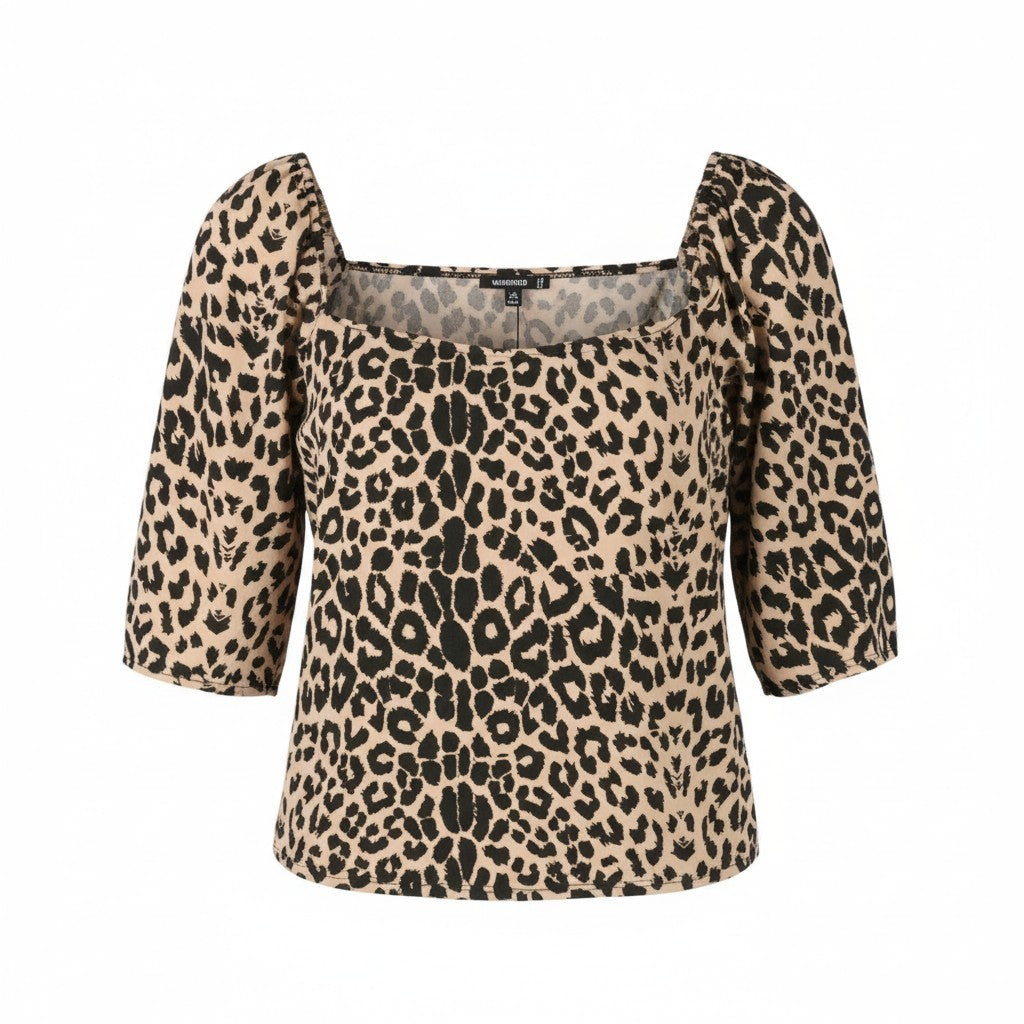 MISSGUIDED Leopard Puff Sleeve Women Blouse EU48 2XL Black Square Collar
