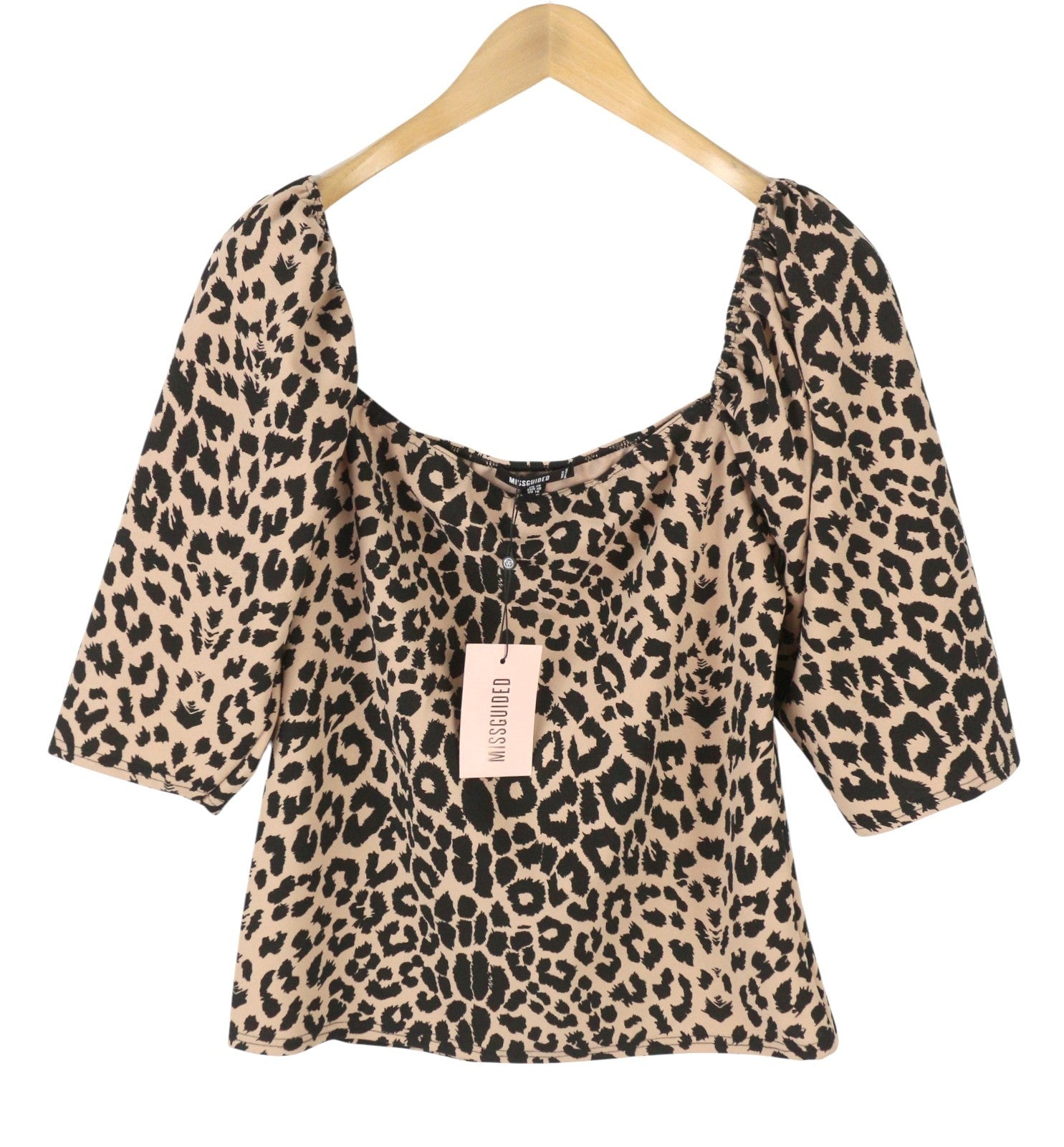 MISSGUIDED Leopard Puff Sleeve Women Blouse EU48 2XL Black Square Collar