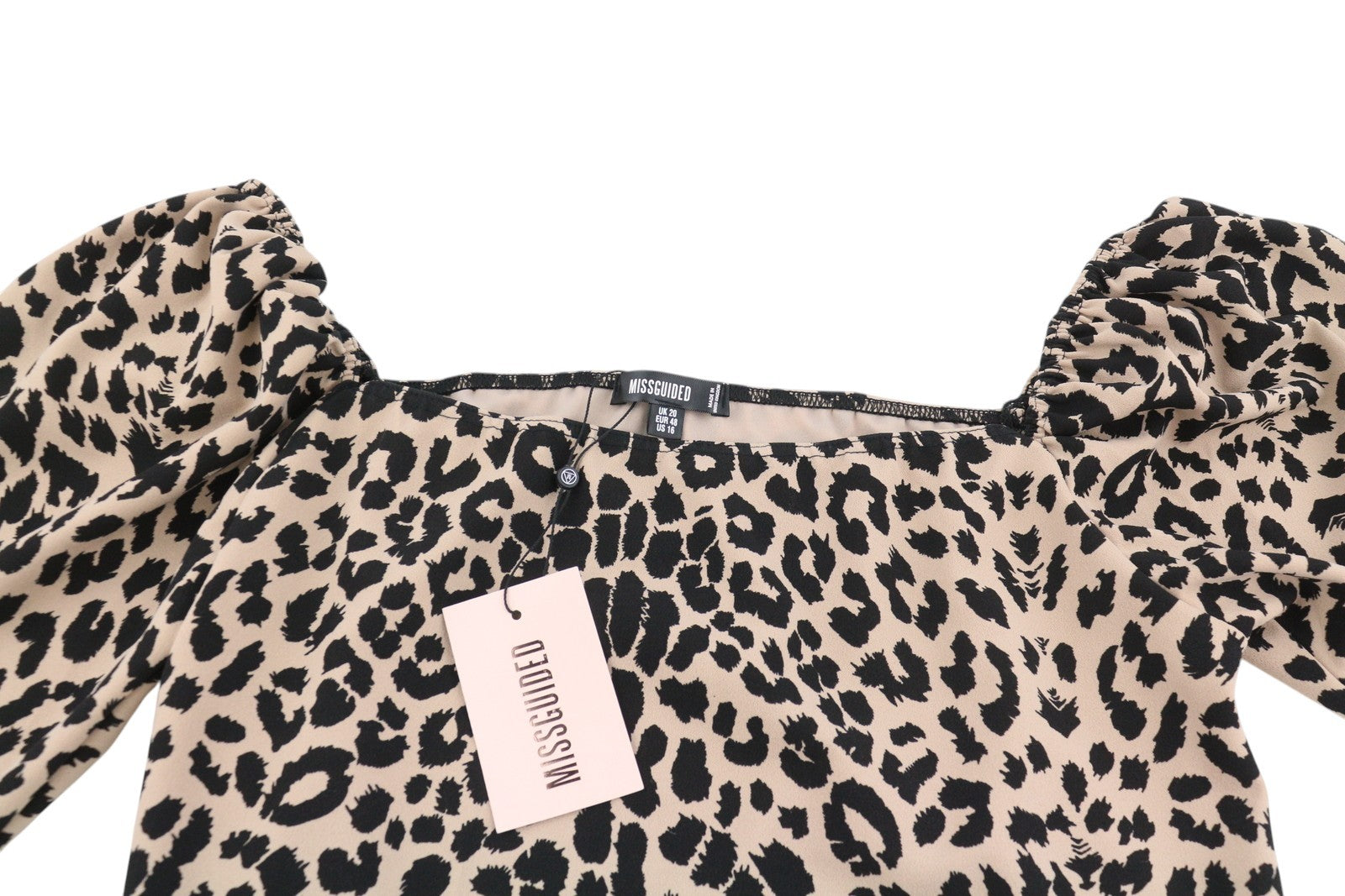 MISSGUIDED Leopard Puff Sleeve Women Blouse EU48 2XL Black Square Collar