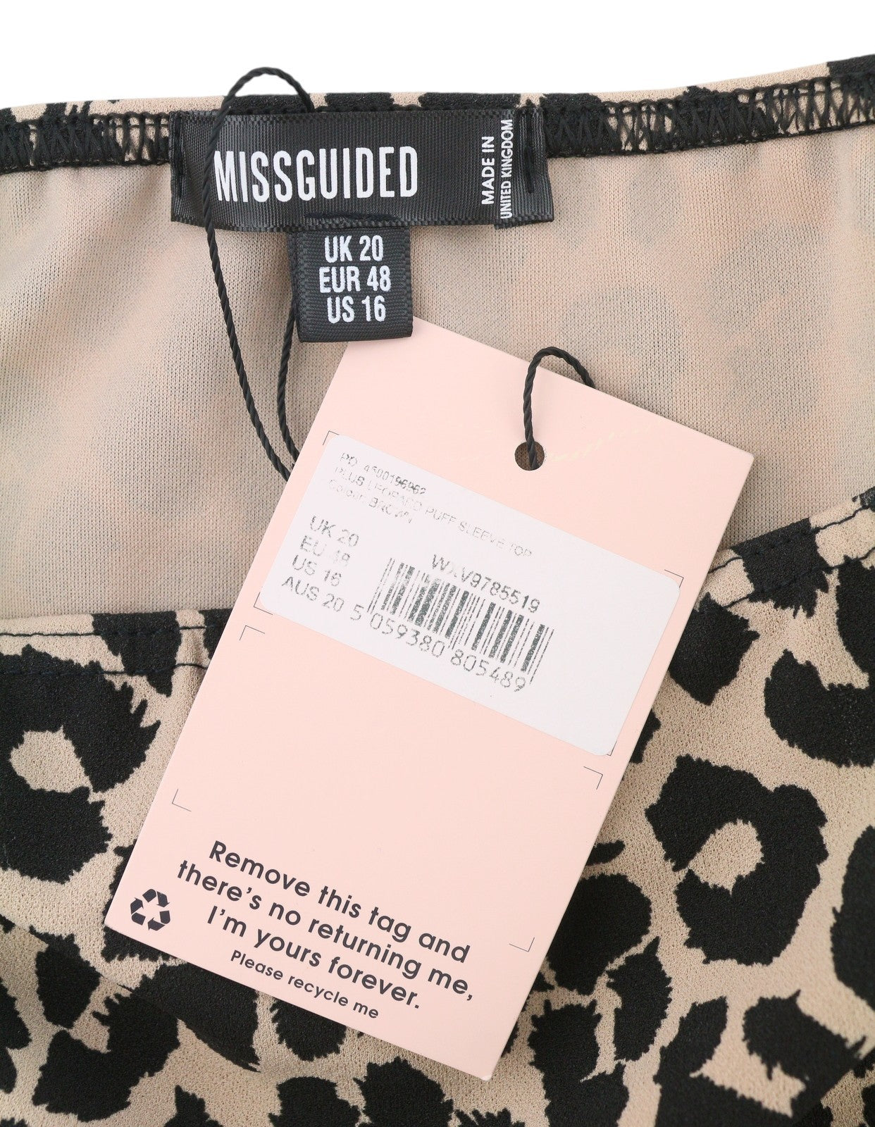 MISSGUIDED Leopard Puff Sleeve Women Blouse EU48 2XL Black Square Collar