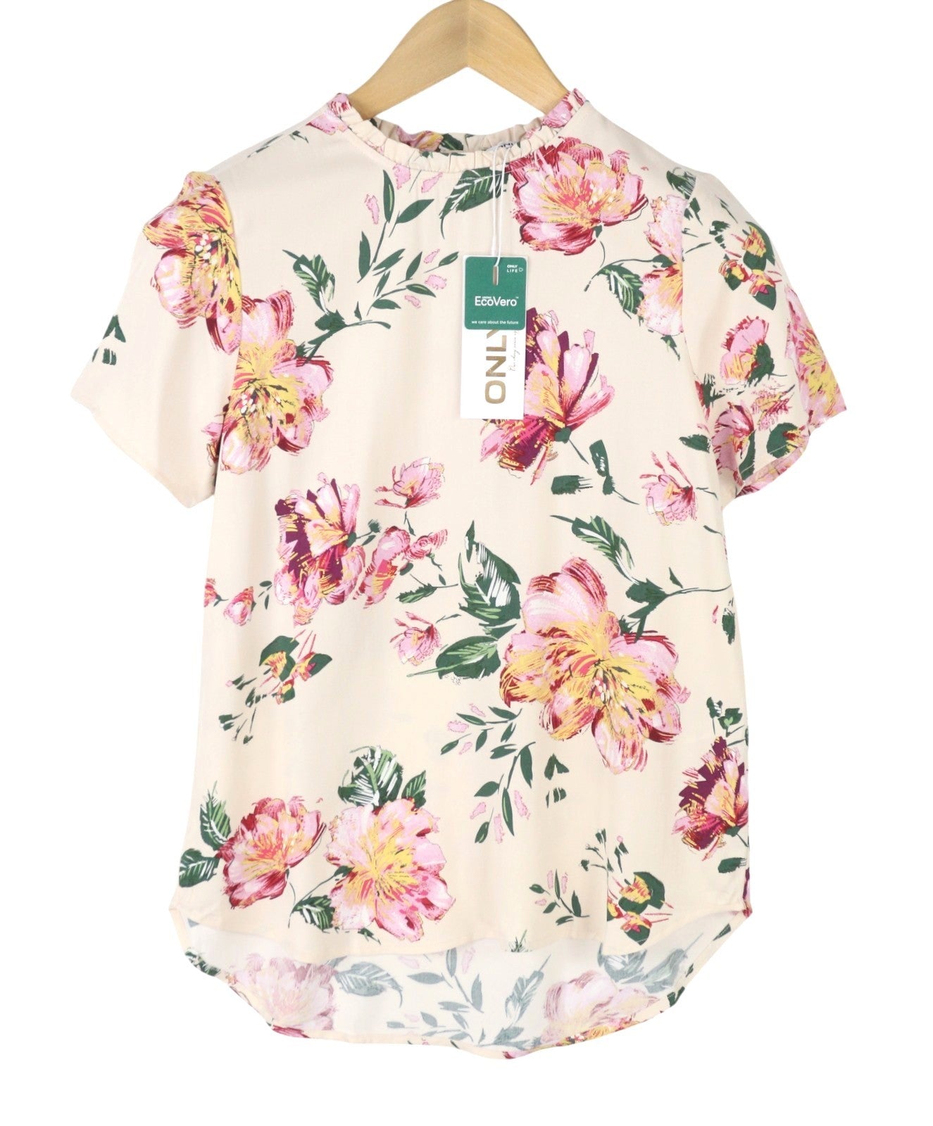 ONLY Alma Life S/S Frill Women Blouse EU34 XS Beige Flowers Print Ruffle Neck