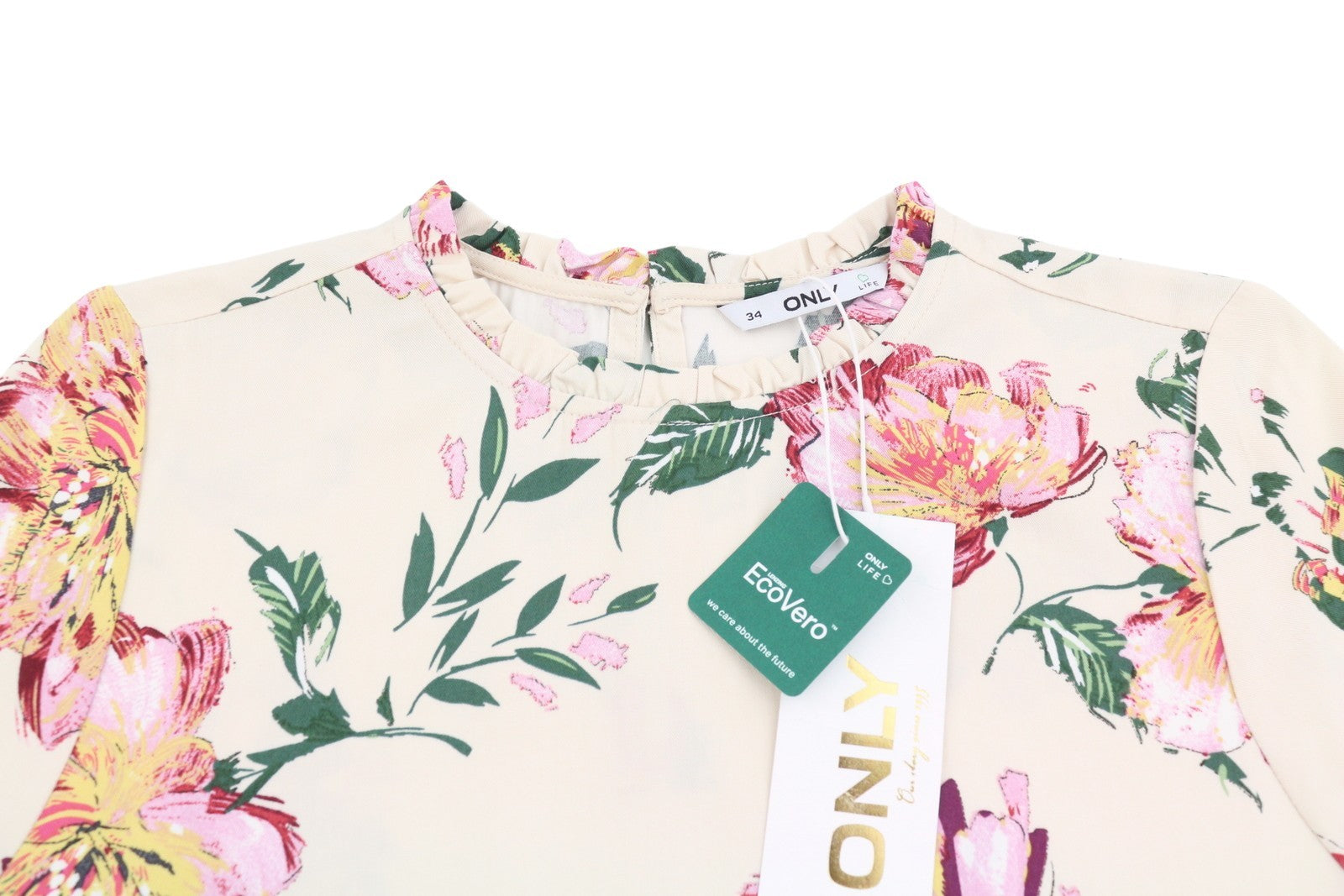 ONLY Alma Life S/S Frill Women Blouse EU34 XS Beige Flowers Print Ruffle Neck