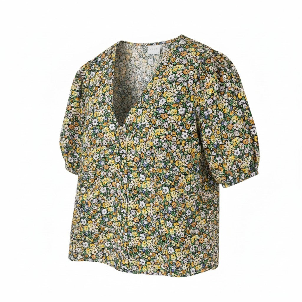 VILA Kaja 2/4 Women Blouse EU40 L Multicolor Flowers Print Puff Short Sleeve