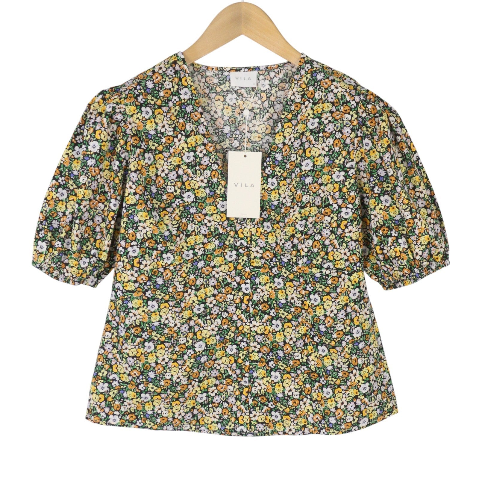 VILA Kaja 2/4 Women Blouse EU40 L Multicolor Flowers Print Puff Short Sleeve