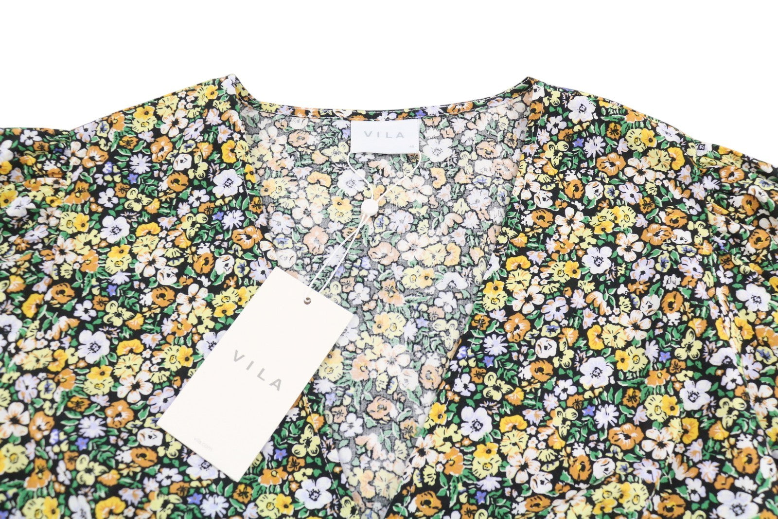 VILA Kaja 2/4 Women Blouse EU40 L Multicolor Flowers Print Puff Short Sleeve