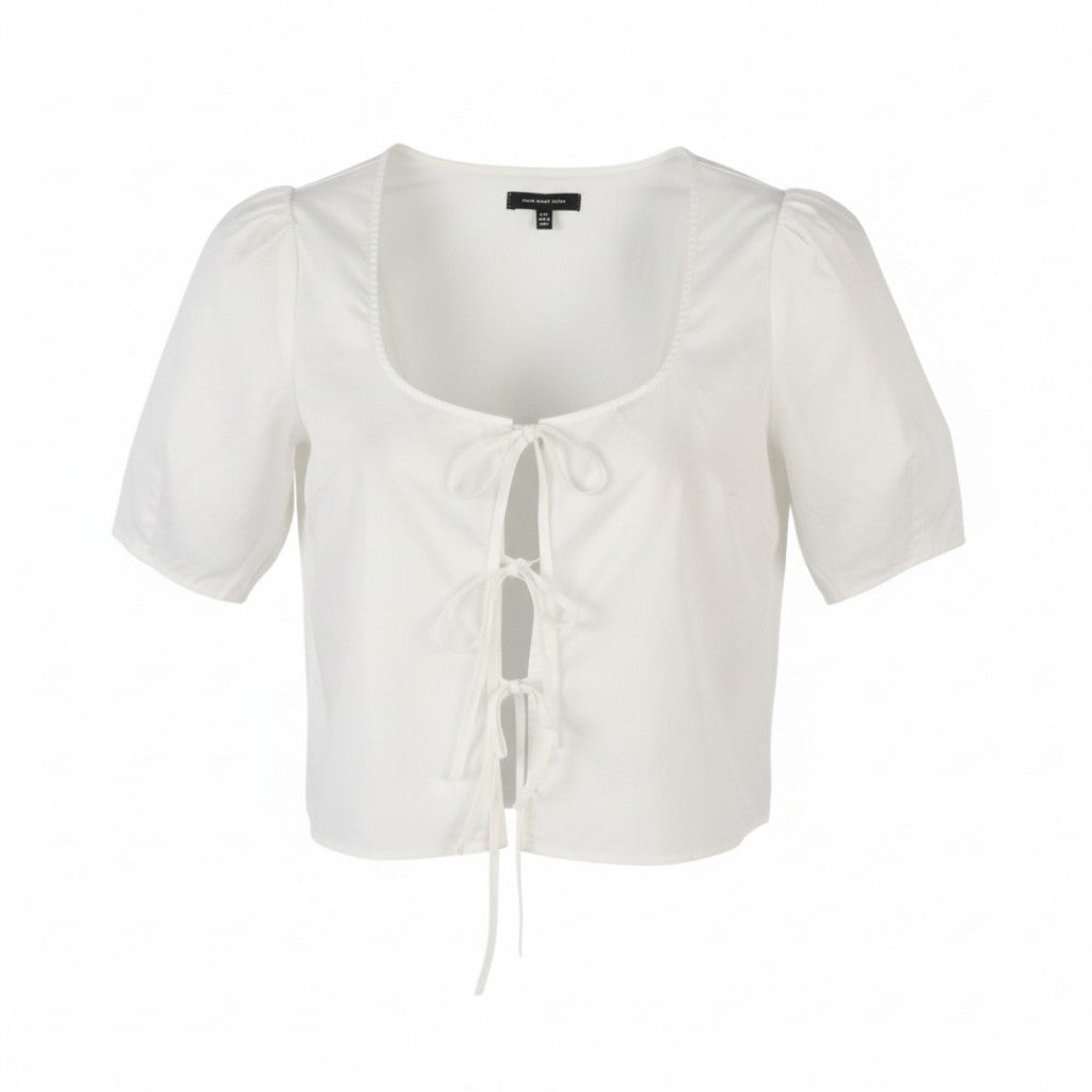 WHO WHAT WEAR Women Blouse S White Cotton Round Neck Cut Out Short Sleeve