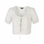 WHO WHAT WEAR Women Blouse S White Cotton Round Neck Cut Out Short Sleeve