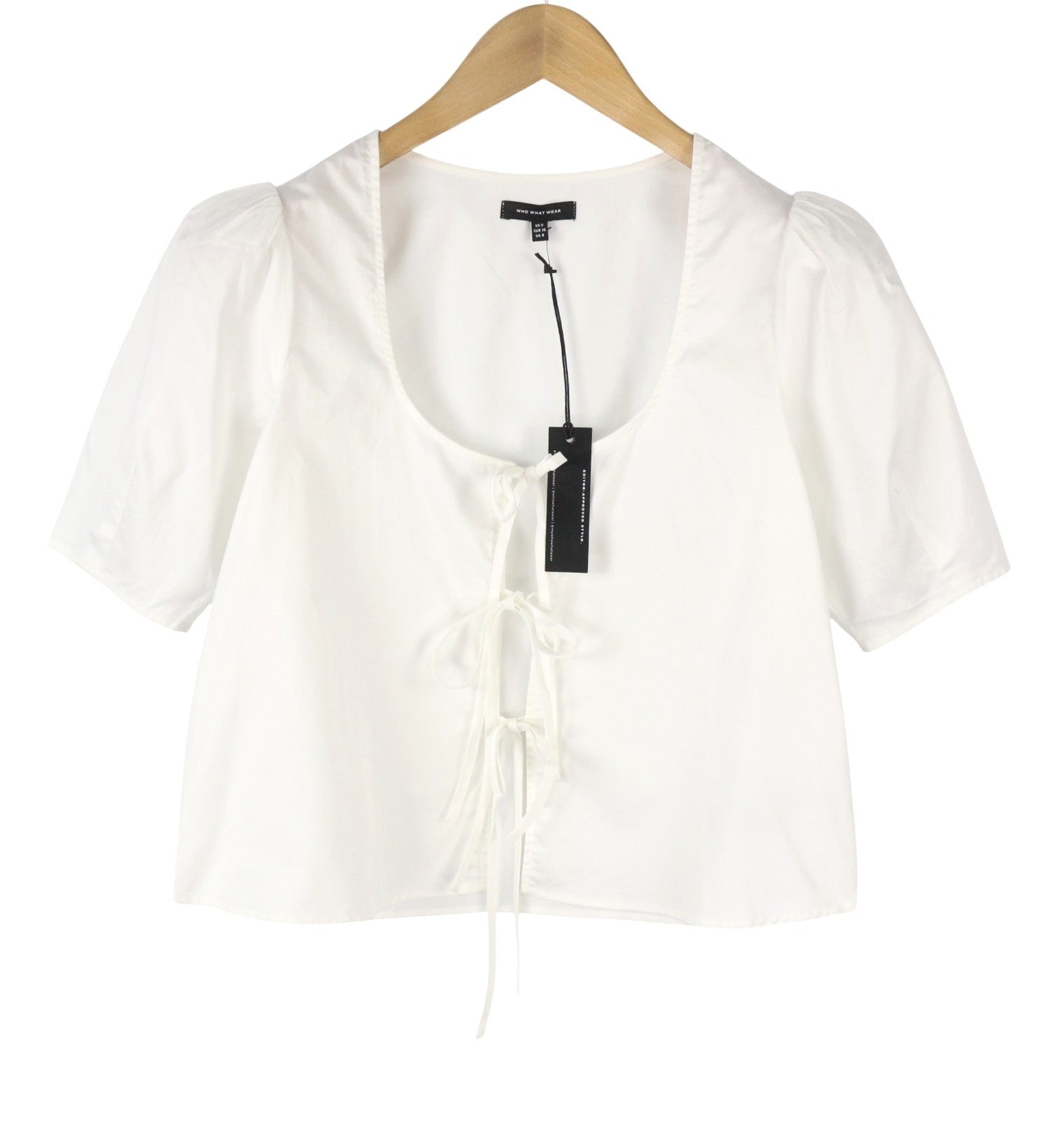 WHO WHAT WEAR Women Blouse S White Cotton Round Neck Cut Out Short Sleeve