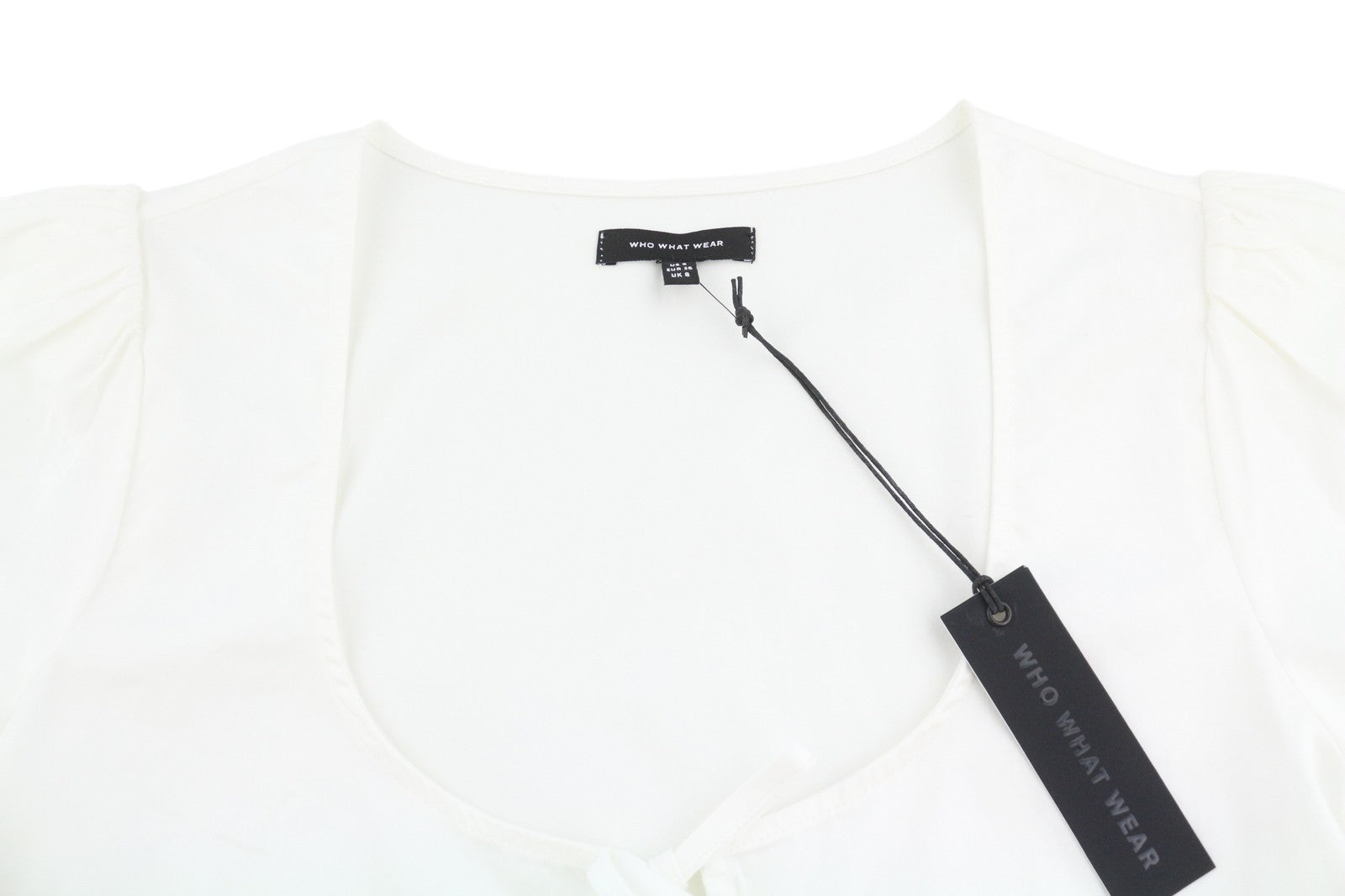 WHO WHAT WEAR Women Blouse S White Cotton Round Neck Cut Out Short Sleeve