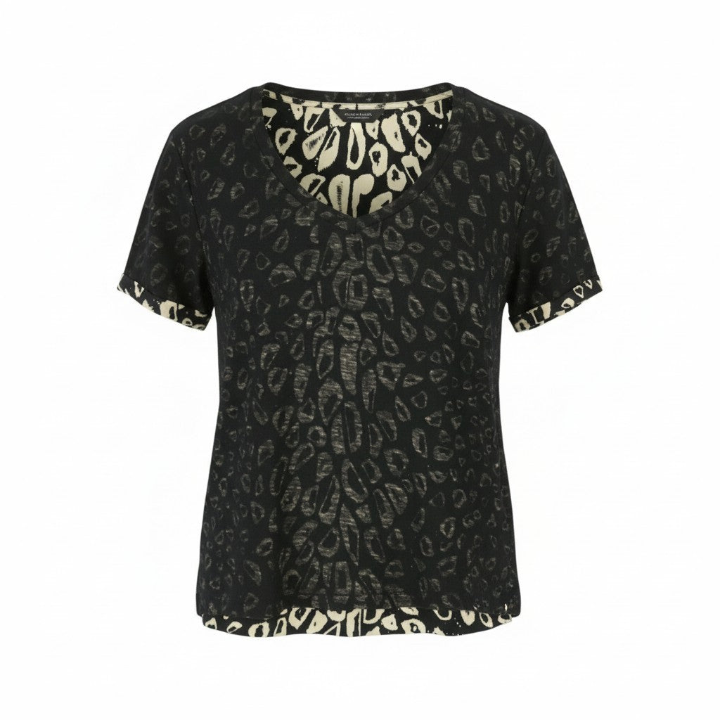 SCOTCH & SODA Women T-Shirt XS Black Patterned V-Neck Loose Short Sleeve
