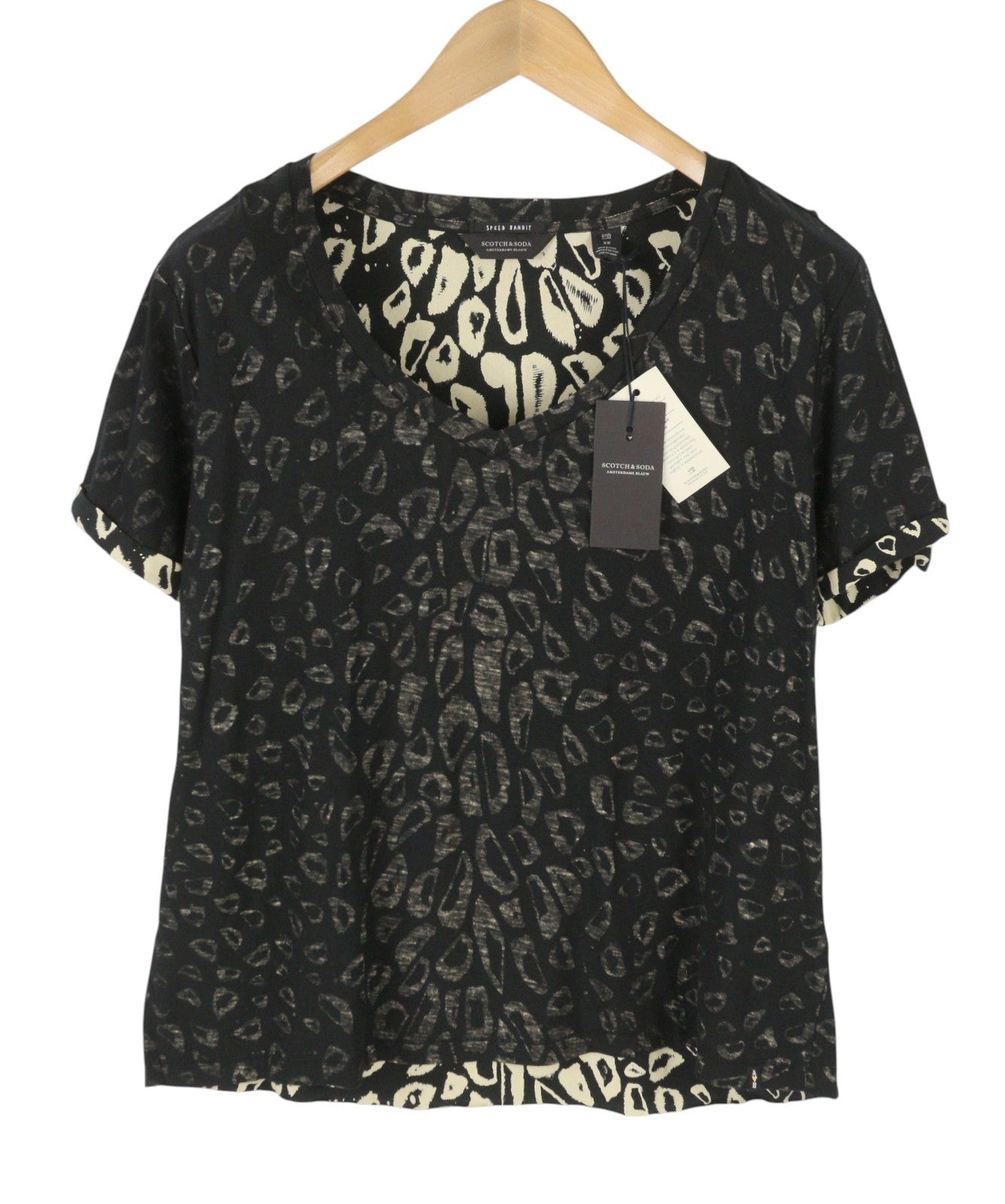 SCOTCH & SODA Women T-Shirt XS Black Patterned V-Neck Loose Short Sleeve