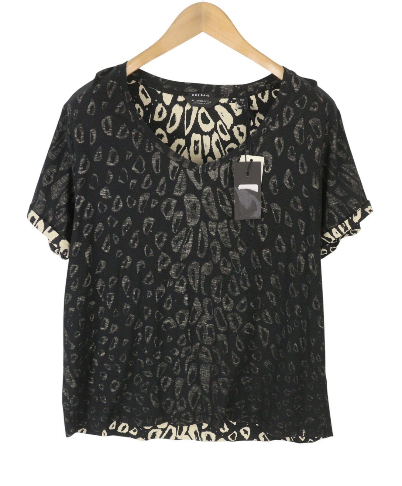 SCOTCH & SODA Women T-Shirt S Black Patterned V-Neck Loose Short Sleeve