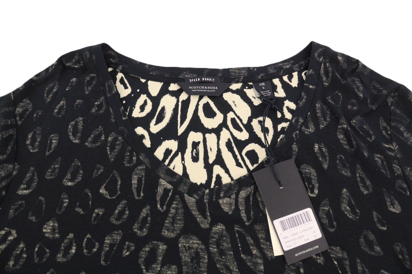 SCOTCH & SODA Women T-Shirt S Black Patterned V-Neck Loose Short Sleeve