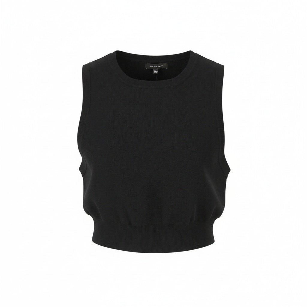 WHO WHAT WEAR Women T-Shirt XL Black Tight Knit Crew Neck Cropped Sleeveless