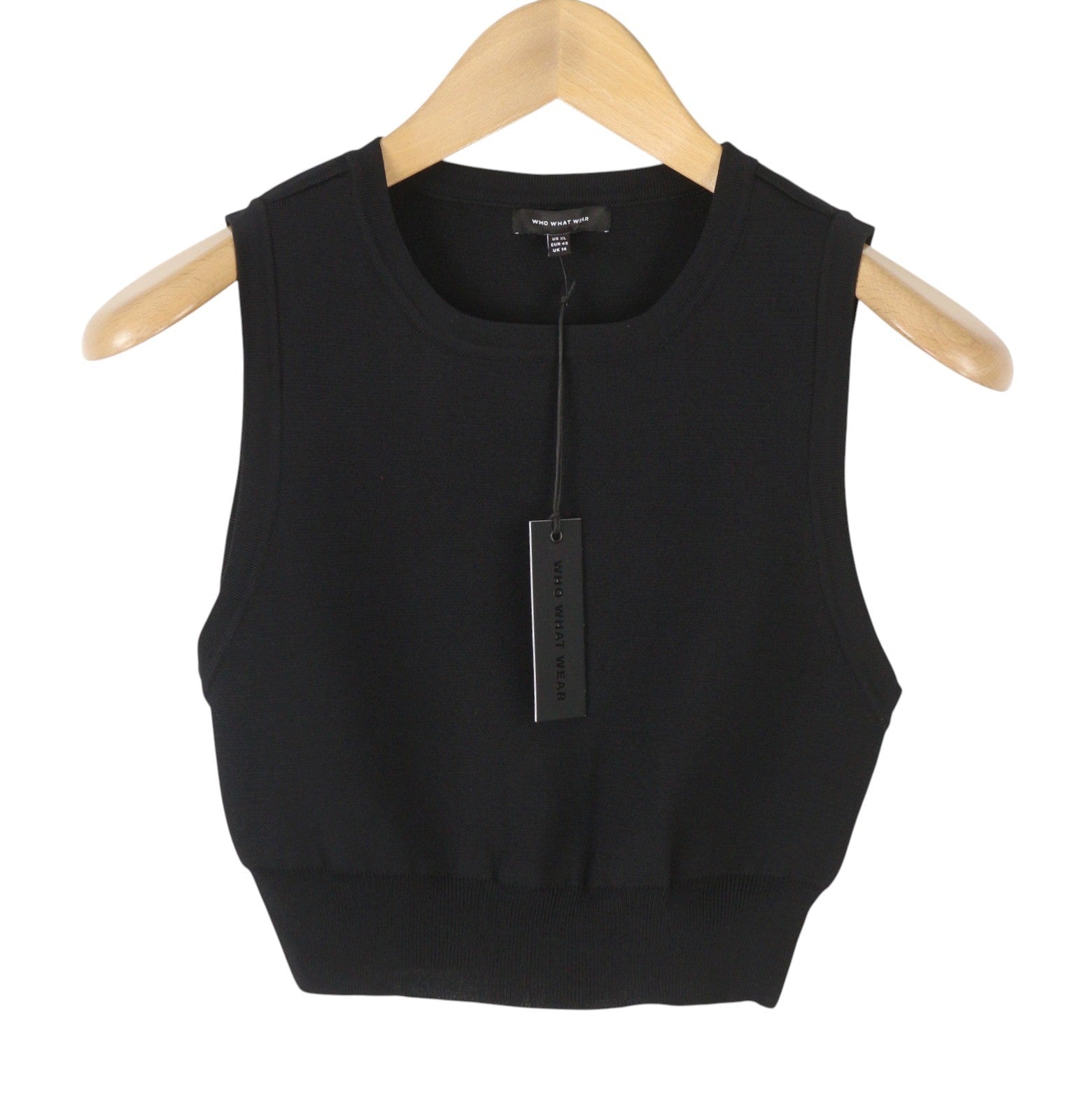 WHO WHAT WEAR Women T-Shirt XL Black Tight Knit Crew Neck Cropped Sleeveless