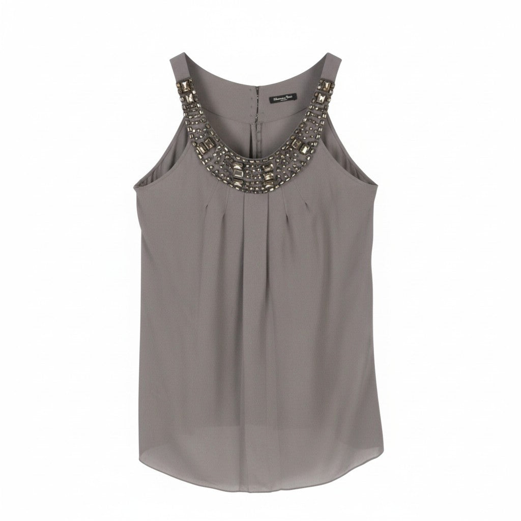 MASSIMO DUTTI Women T-Shirt S Grey Silk Pleated Shiny Beads Sleeveless