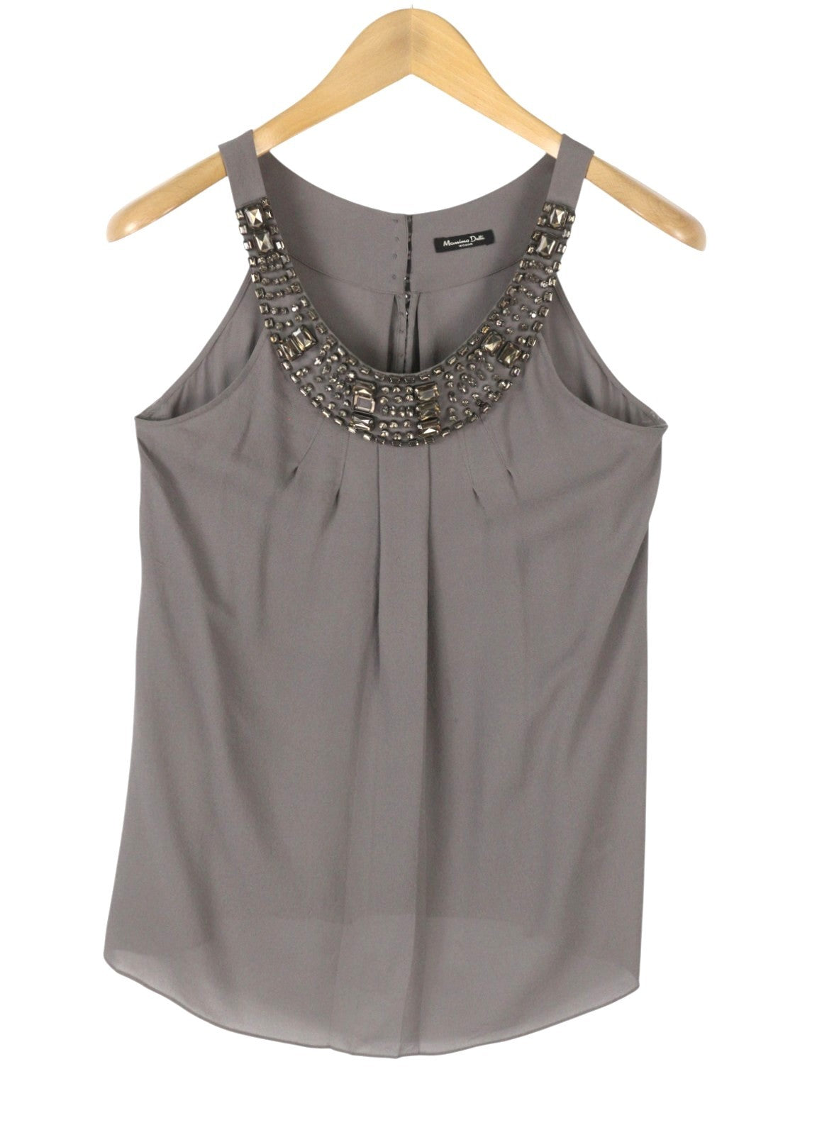 MASSIMO DUTTI Women T-Shirt S Grey Silk Pleated Shiny Beads Sleeveless