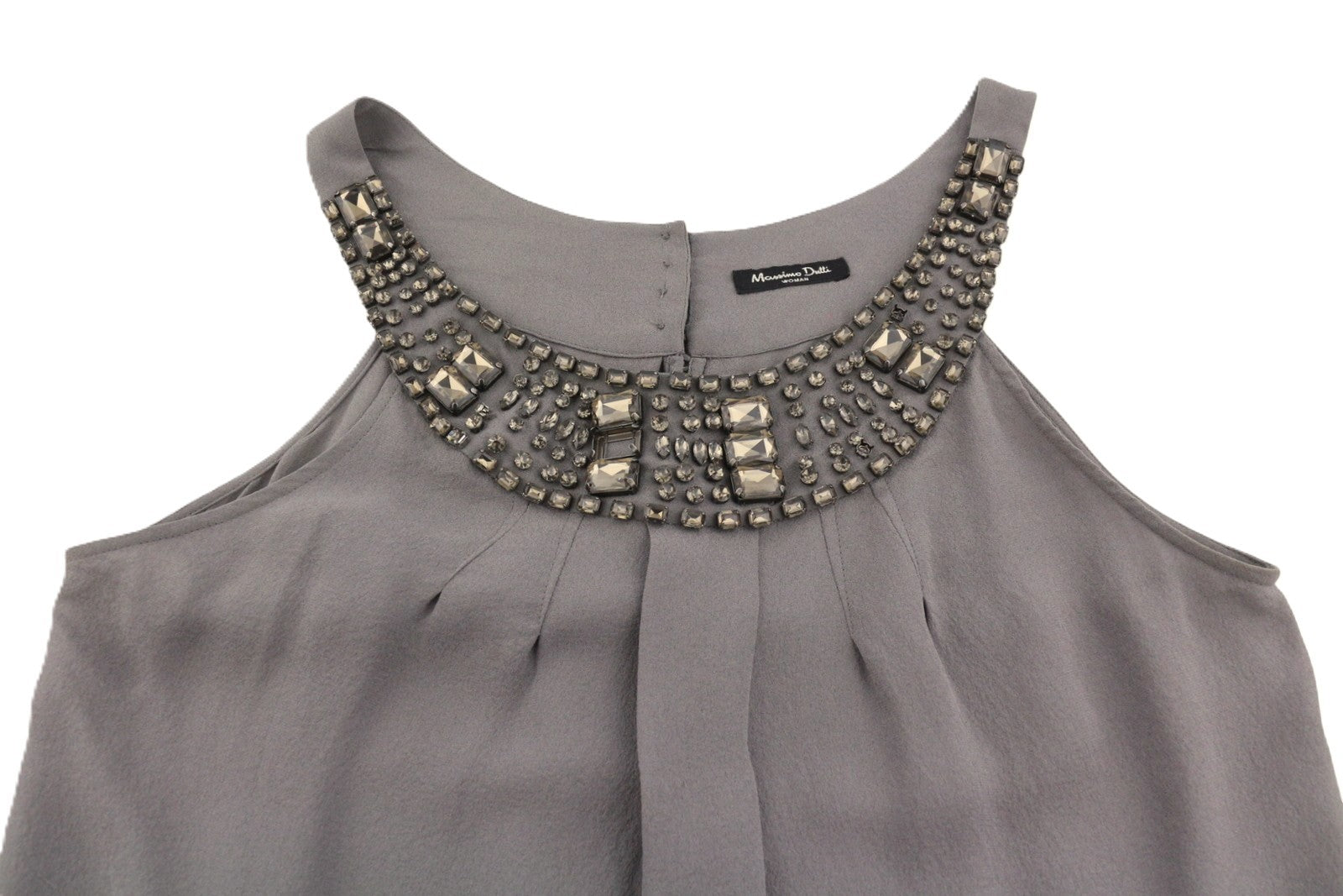 MASSIMO DUTTI Women T-Shirt S Grey Silk Pleated Shiny Beads Sleeveless