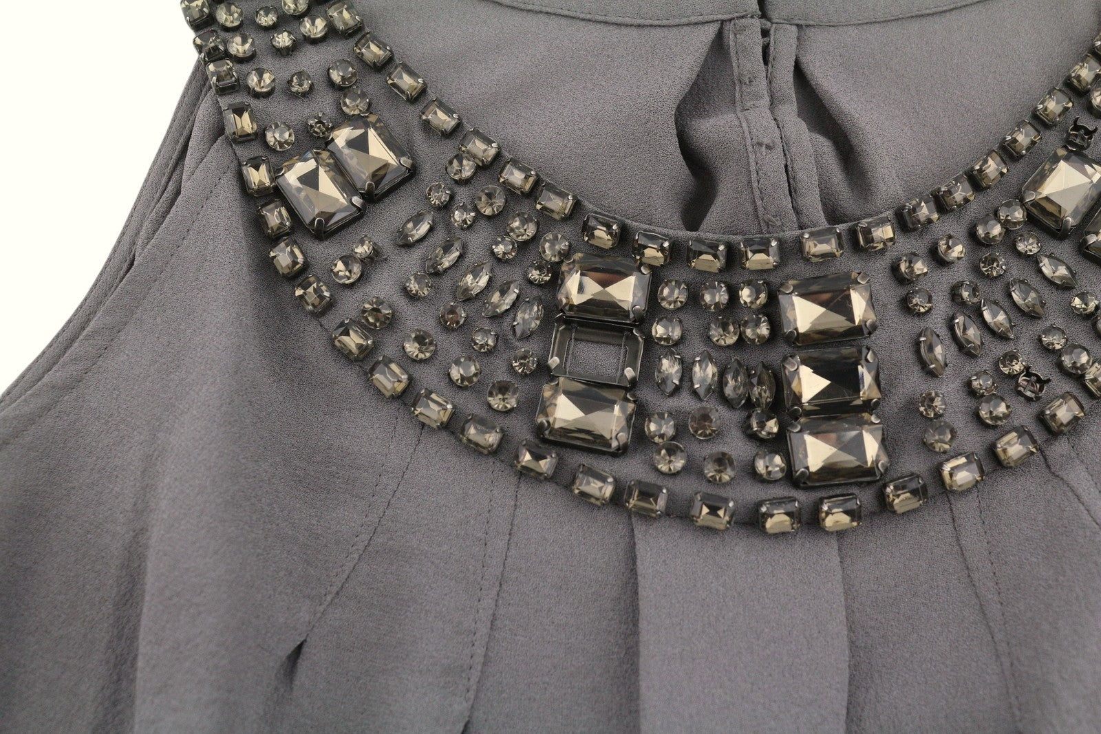 MASSIMO DUTTI Women T-Shirt S Grey Silk Pleated Shiny Beads Sleeveless