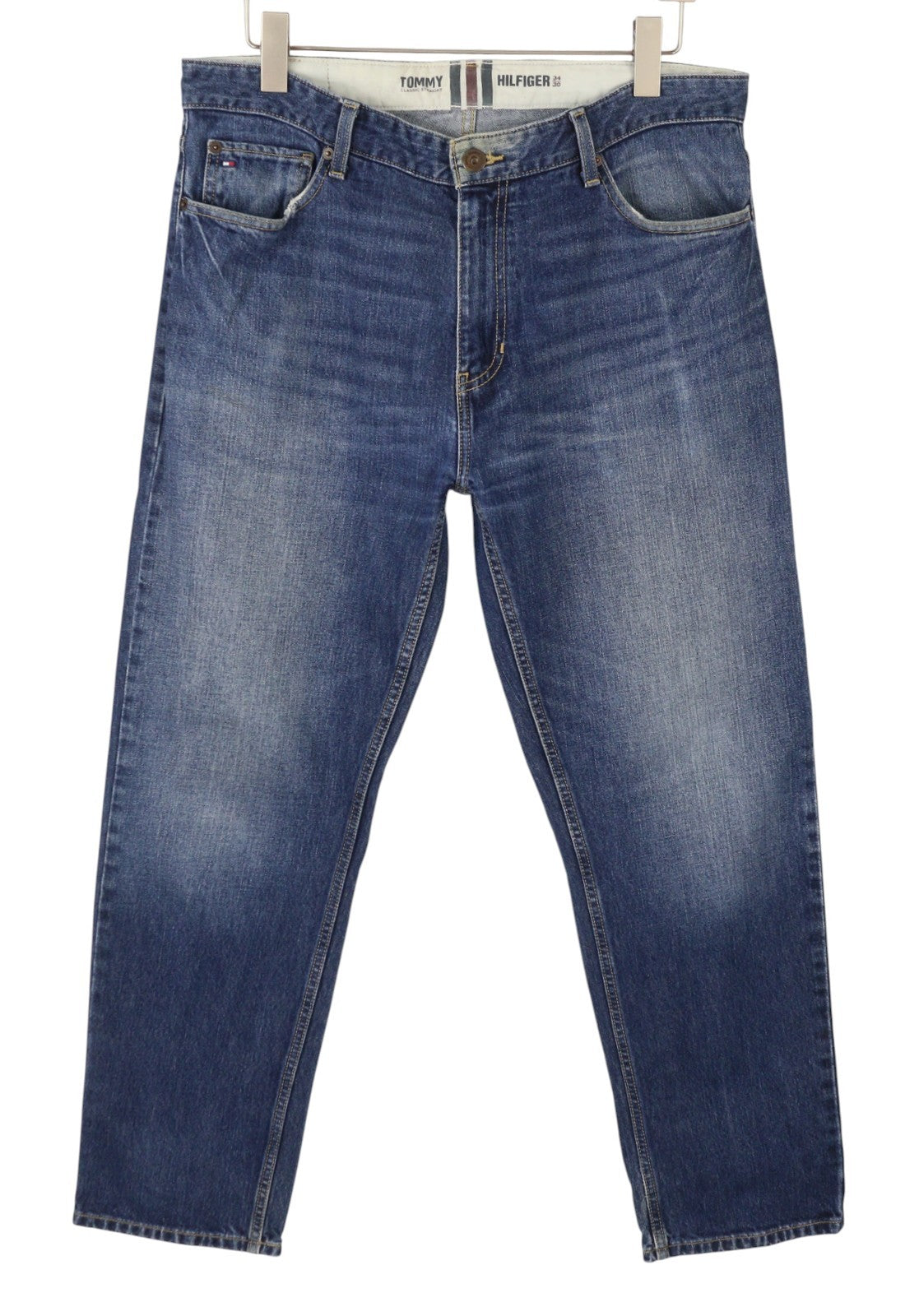 TOMMY HILFIGER Classic Straight Men Jeans W34/L30 Blue Whiskers Faded Denim