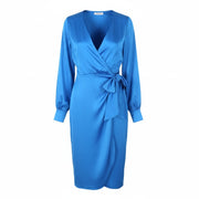 GLAMOROUS Blue Aster Satin Women Dress EU36 S Wrap Front Split Long Sleeve