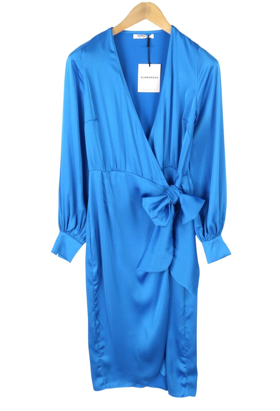 GLAMOROUS Blue Aster Satin Women Dress EU36 S Wrap Front Split Long Sleeve